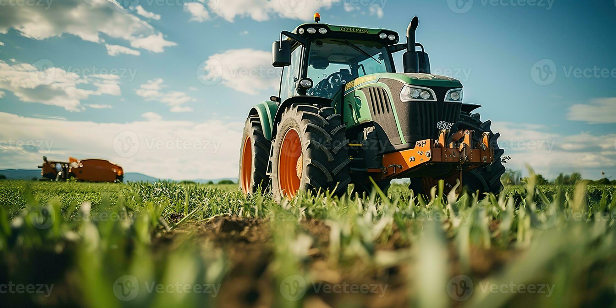 ai genererad. ai generativ. traktor kombinera maskin skörda fält jordbruk. natur utomhus- äng landskap maskin industri. grafisk konst foto