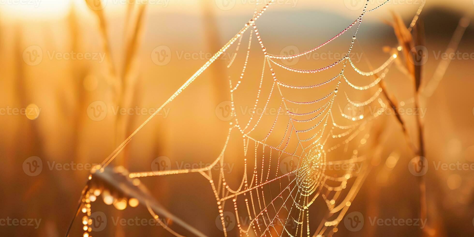 ai genererad. ai generativ. solsken spoderweb Spindel webb på fält äng hö gräs. natur utomhus- vilda djur och växter. grafisk konst foto