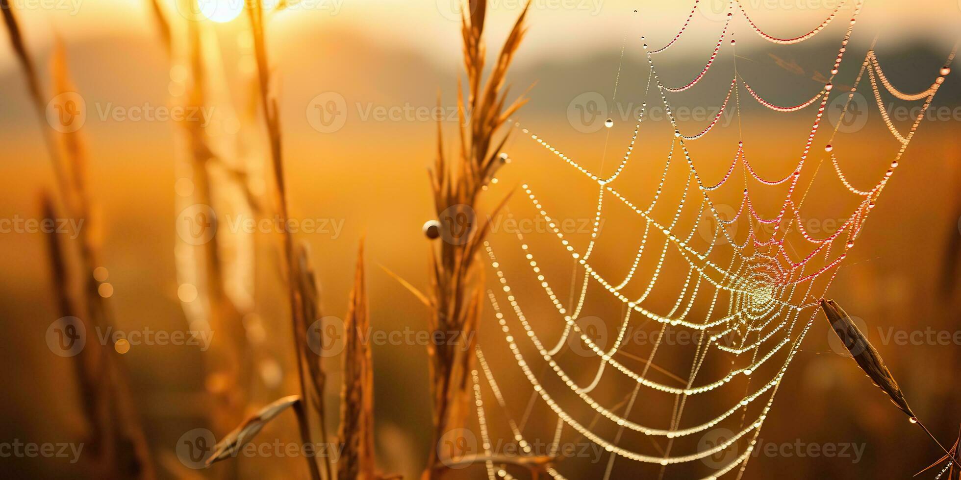 ai genererad. ai generativ. solsken spoderweb Spindel webb på fält äng hö gräs. natur utomhus- vilda djur och växter. grafisk konst foto