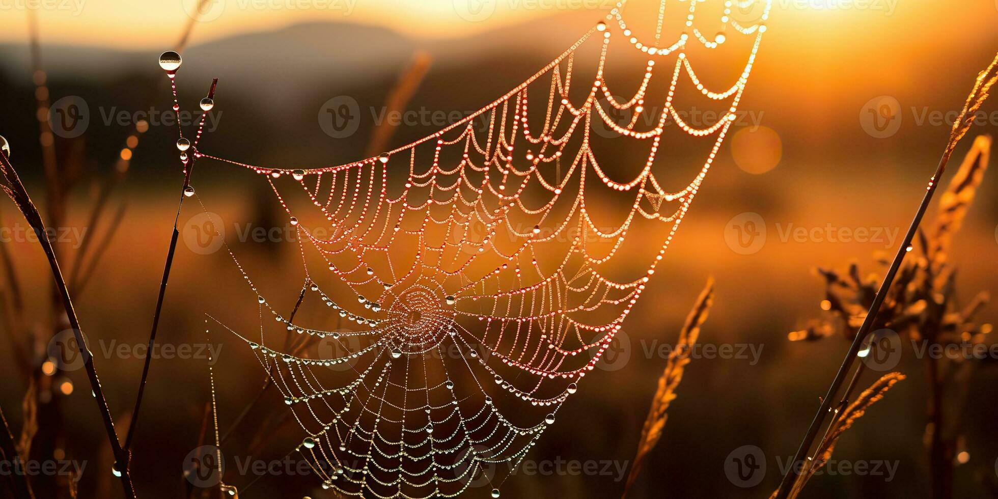 ai genererad. ai generativ. solsken spoderweb Spindel webb på fält äng hö gräs. natur utomhus- vilda djur och växter. grafisk konst foto