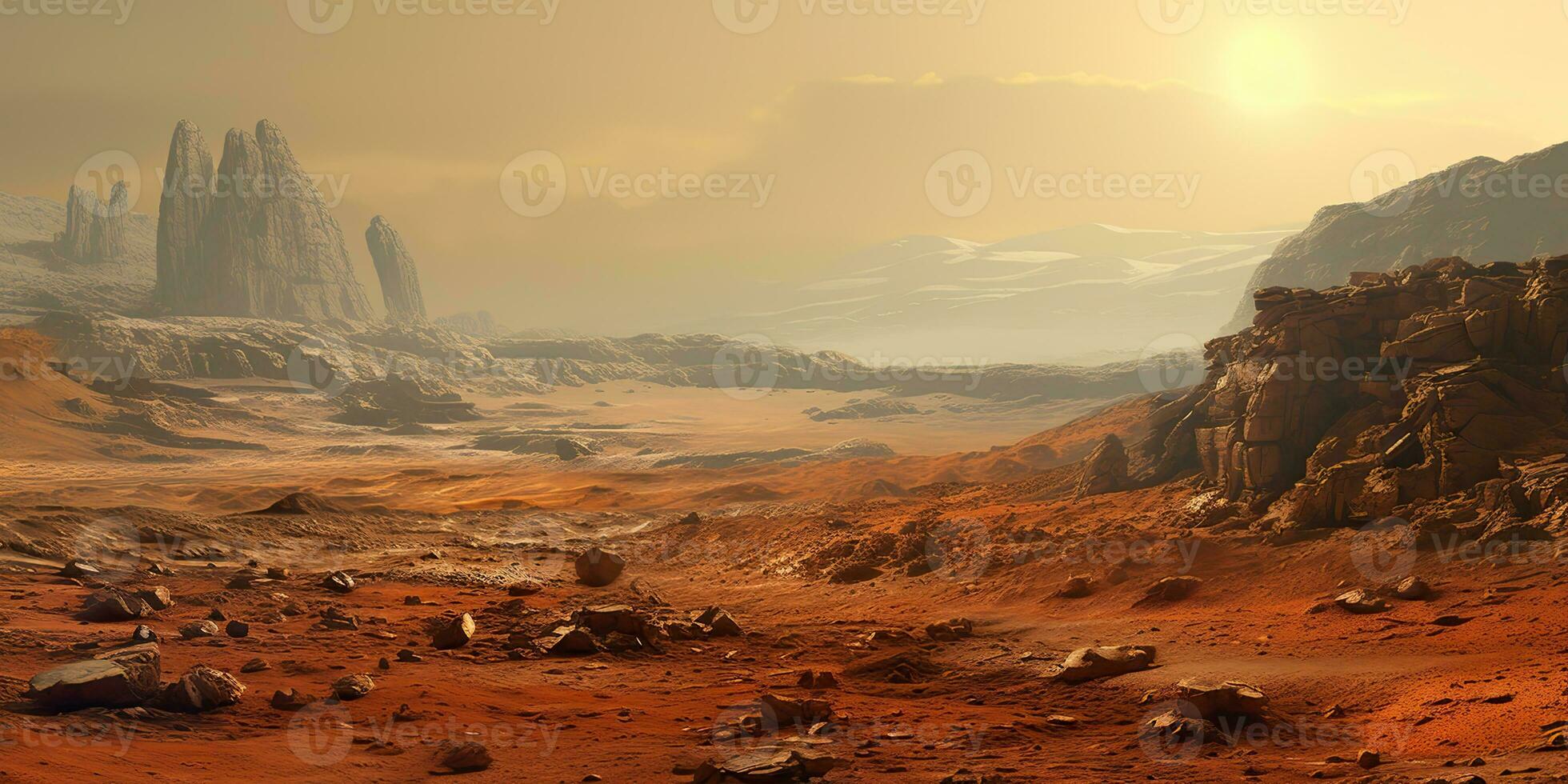 ai genererad. ai generativ. fördärvar planet galax yta landskap öken- berg utomhus- landskap. grafisk konst foto