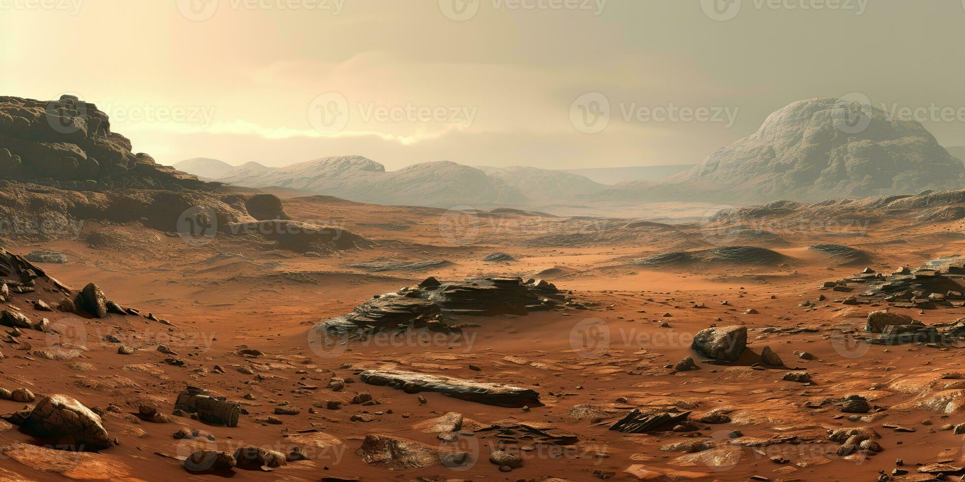 ai genererad. ai generativ. fördärvar planet galax yta landskap öken- berg utomhus- landskap. grafisk konst foto