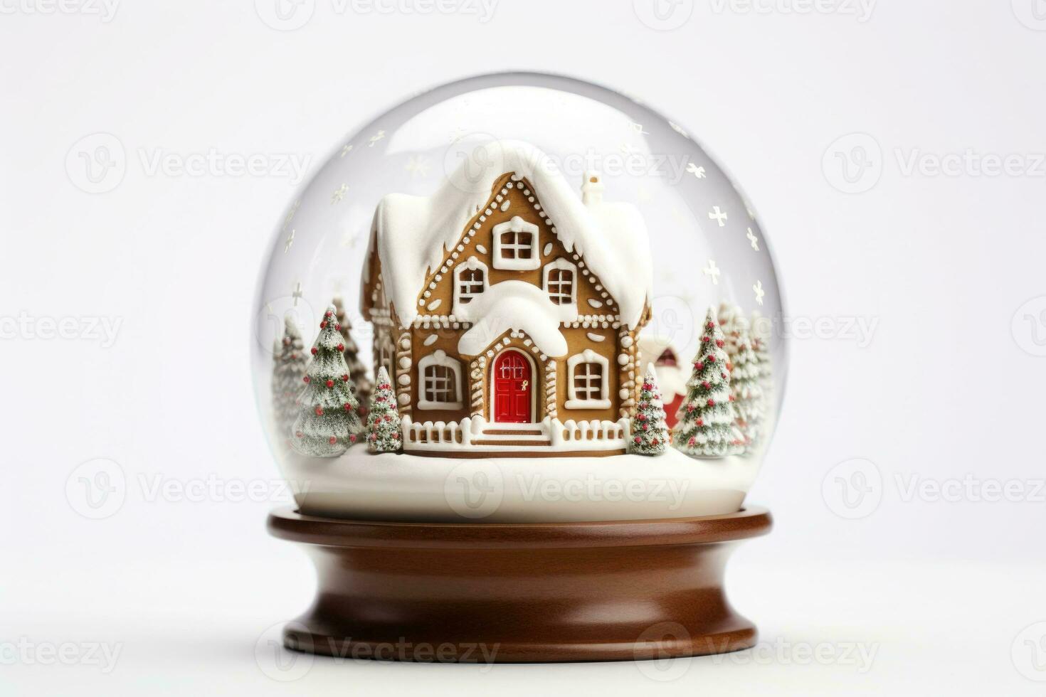 jul snö klot med pepparkaka hus inuti på vit bakgrund. ai genererad foto