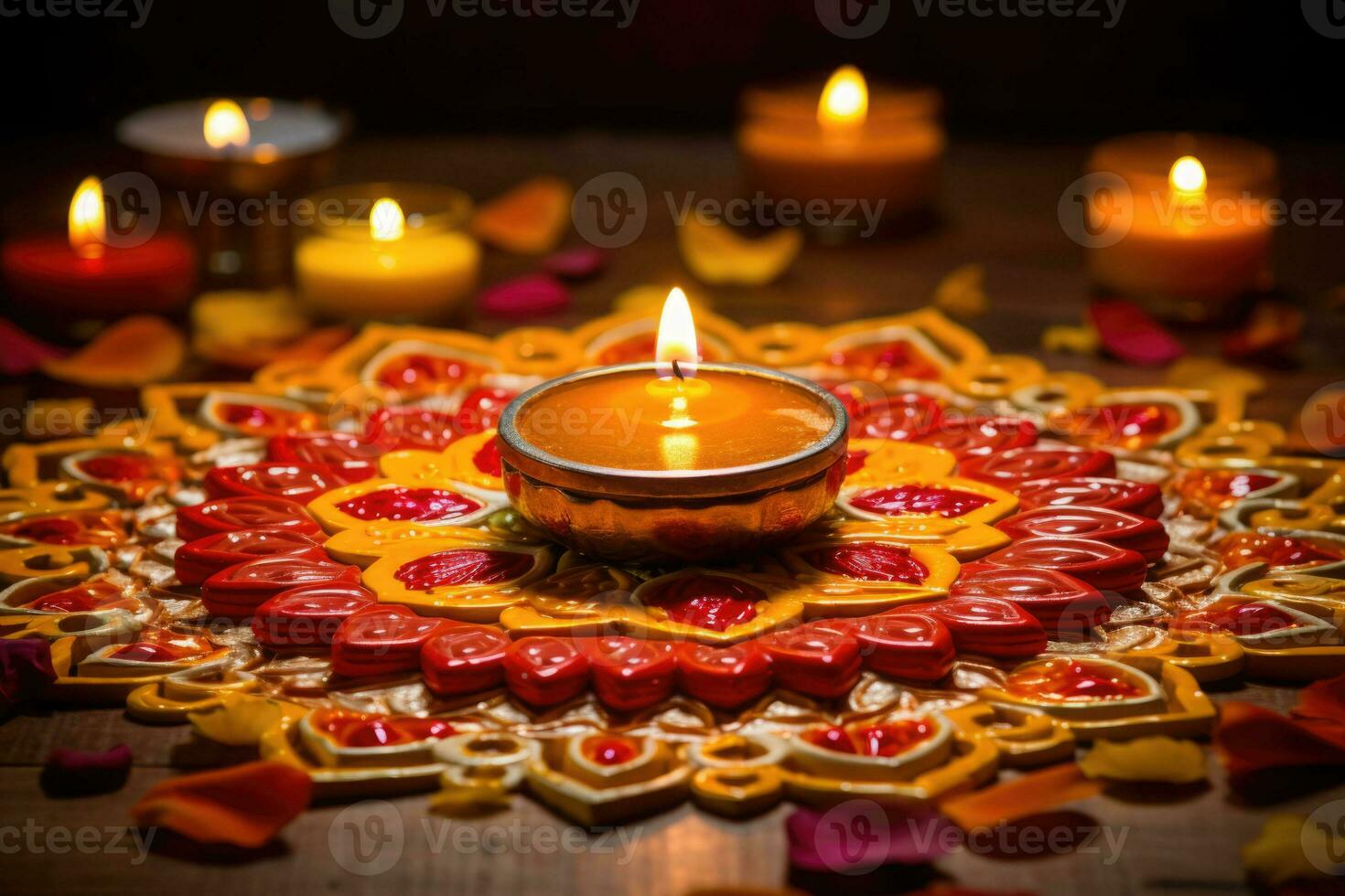 lampor belyst under diwali firande. belysning ljus i rangoli mönster. ai genererad foto