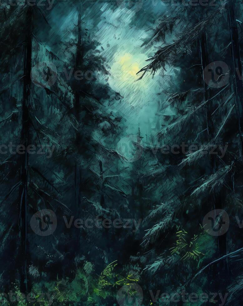 ai generativ träd mot de mörk natt himmel dramatisk himmel mystisk landskap av de natt skog grön abstrakt naturlig grunge bakgrund foto