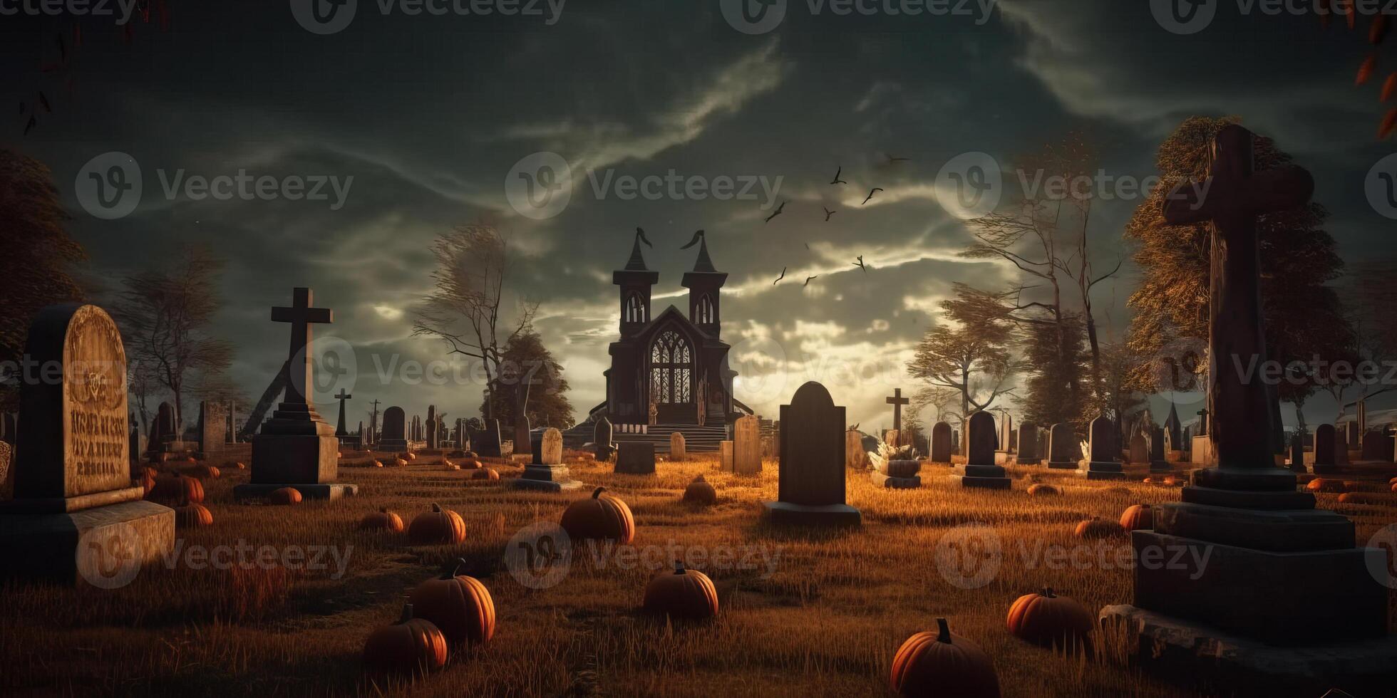 illustration domkraft o lyktor runt om en läskigt kyrkogård tillverkad med generativ ai foto