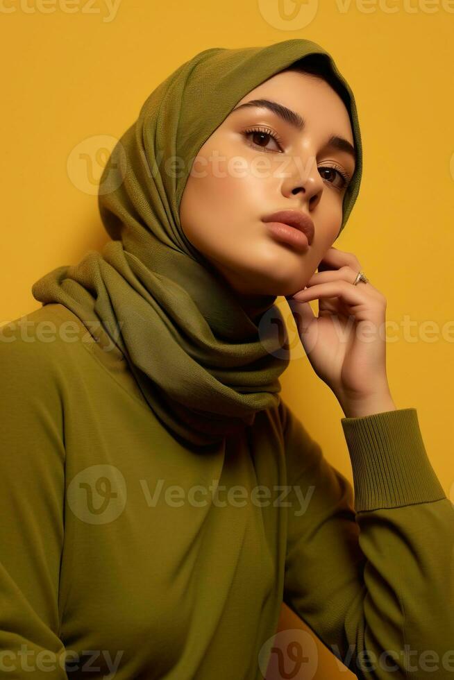 porträtt skön kvinna bär hijab med ljus exponering tillverkad med generativ ai foto