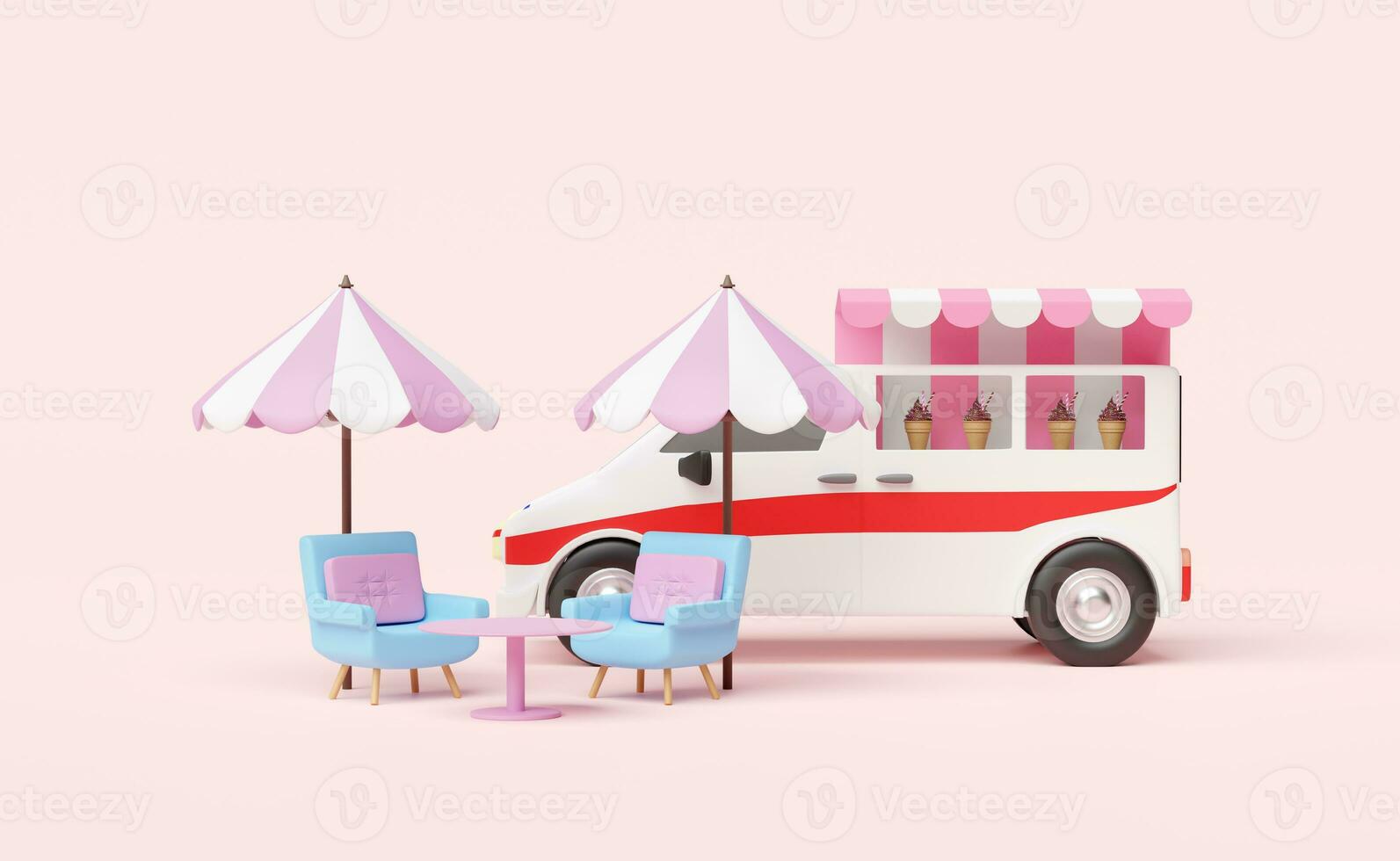 mat lastbil fordon med is grädde ställer ut eller kylskåp, kaffe tabell, paraply isolerat på rosa bakgrund, 3d illustration eller 3d framställa foto