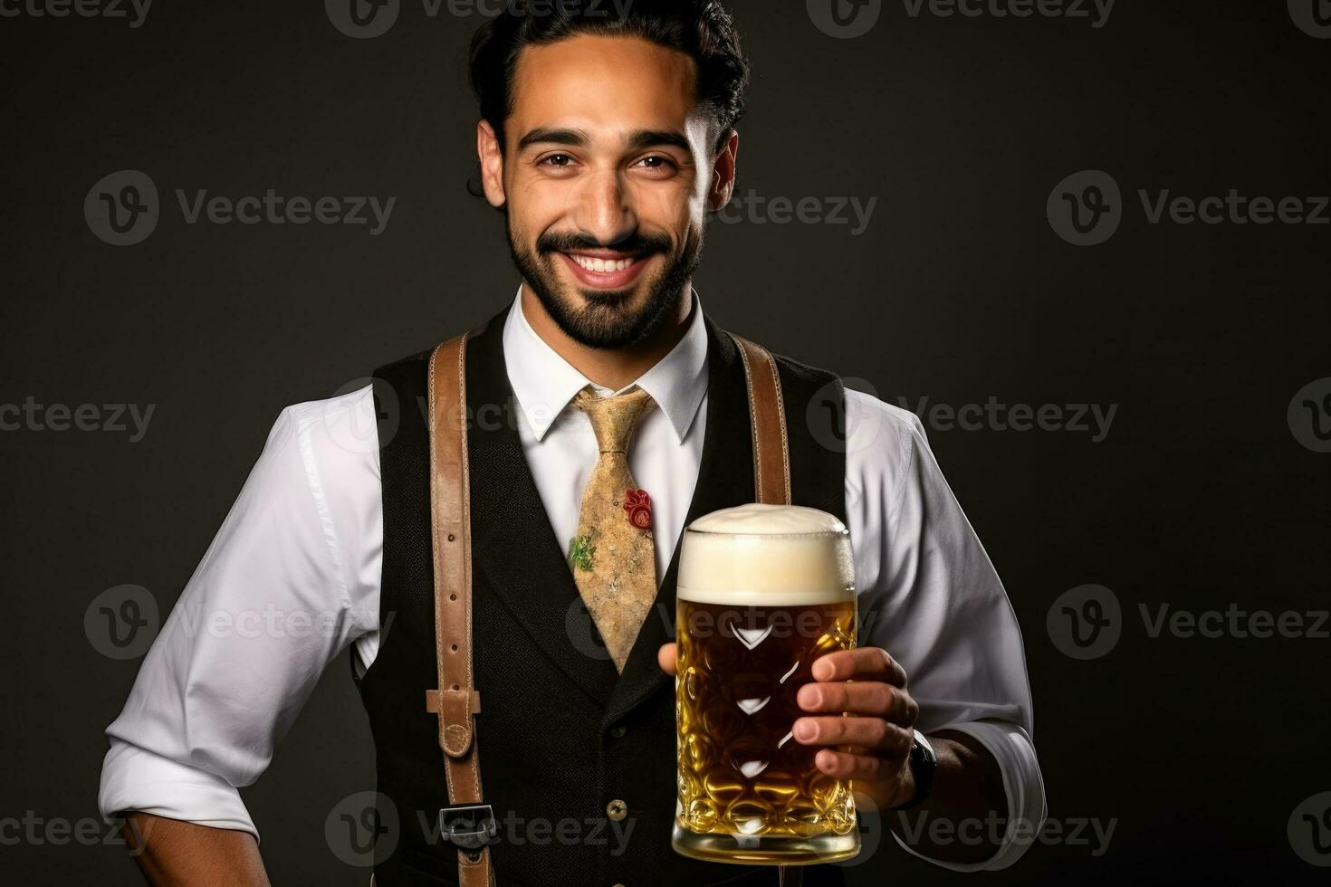 ung man i traditionell tysk kläder med öl på fast grå bakgrund foto