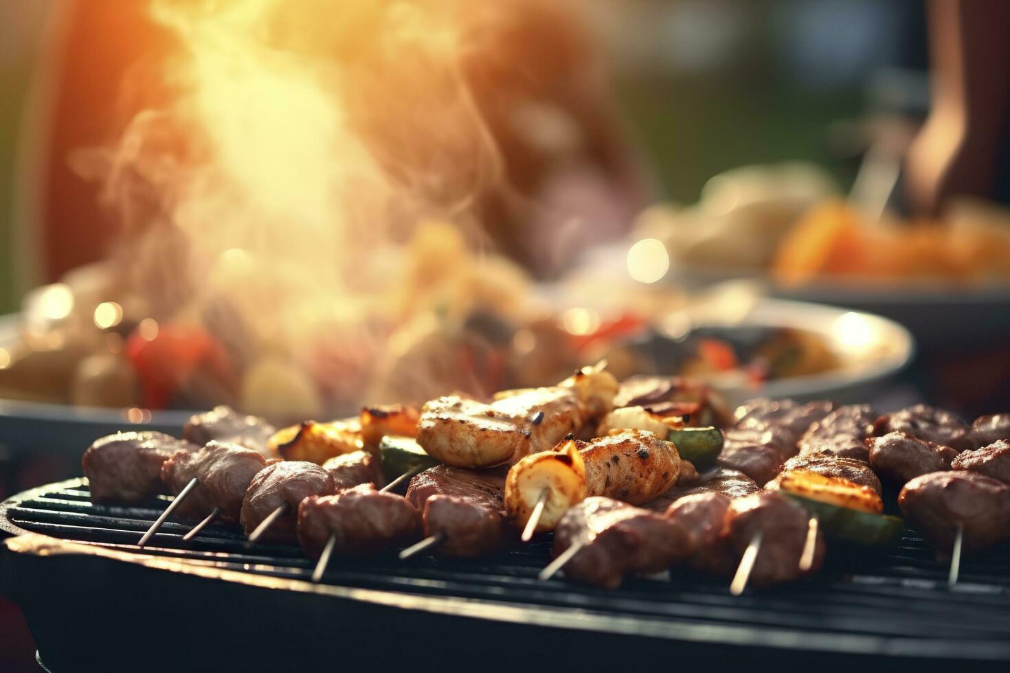 bbq mat fest sommar grillning kött i de eftermiddag av helgen Lycklig fest. ai generativ foto