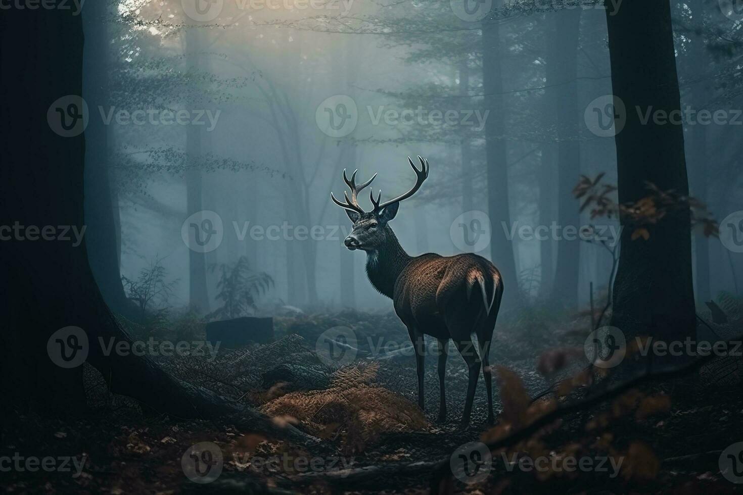 lonley rådjur i en dimmig mörk skog. genererad ai. foto