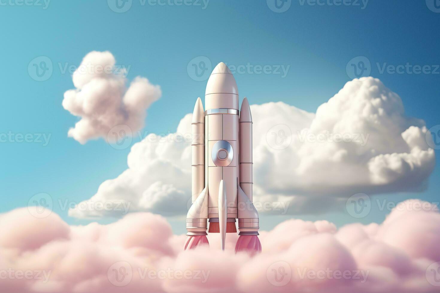 volumetriska bild av en raket flygande genom de moln. genererad ai. foto