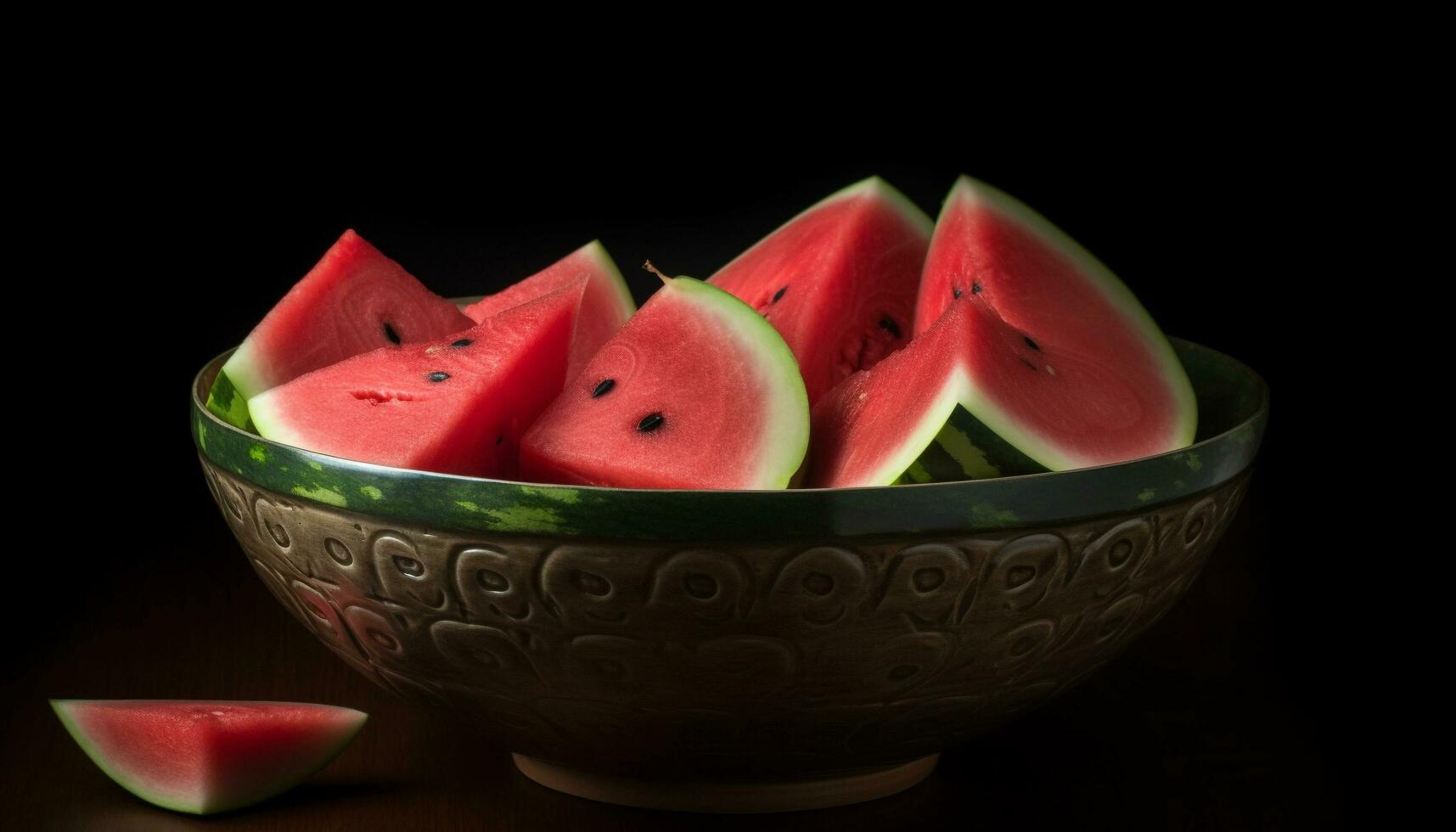färsk vattenmelon skiva på trä- tabell, en uppfriskande sommar mellanmål genererad förbi ai foto