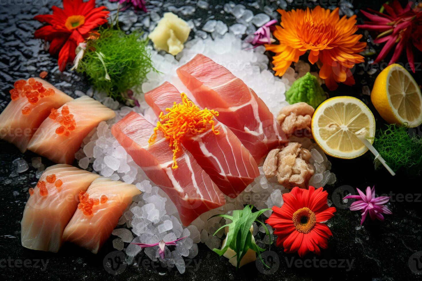 närbild topp se av Ingredienser sashimi uppsättning, lax, tonfisk, japansk mat. ai genererad. foto