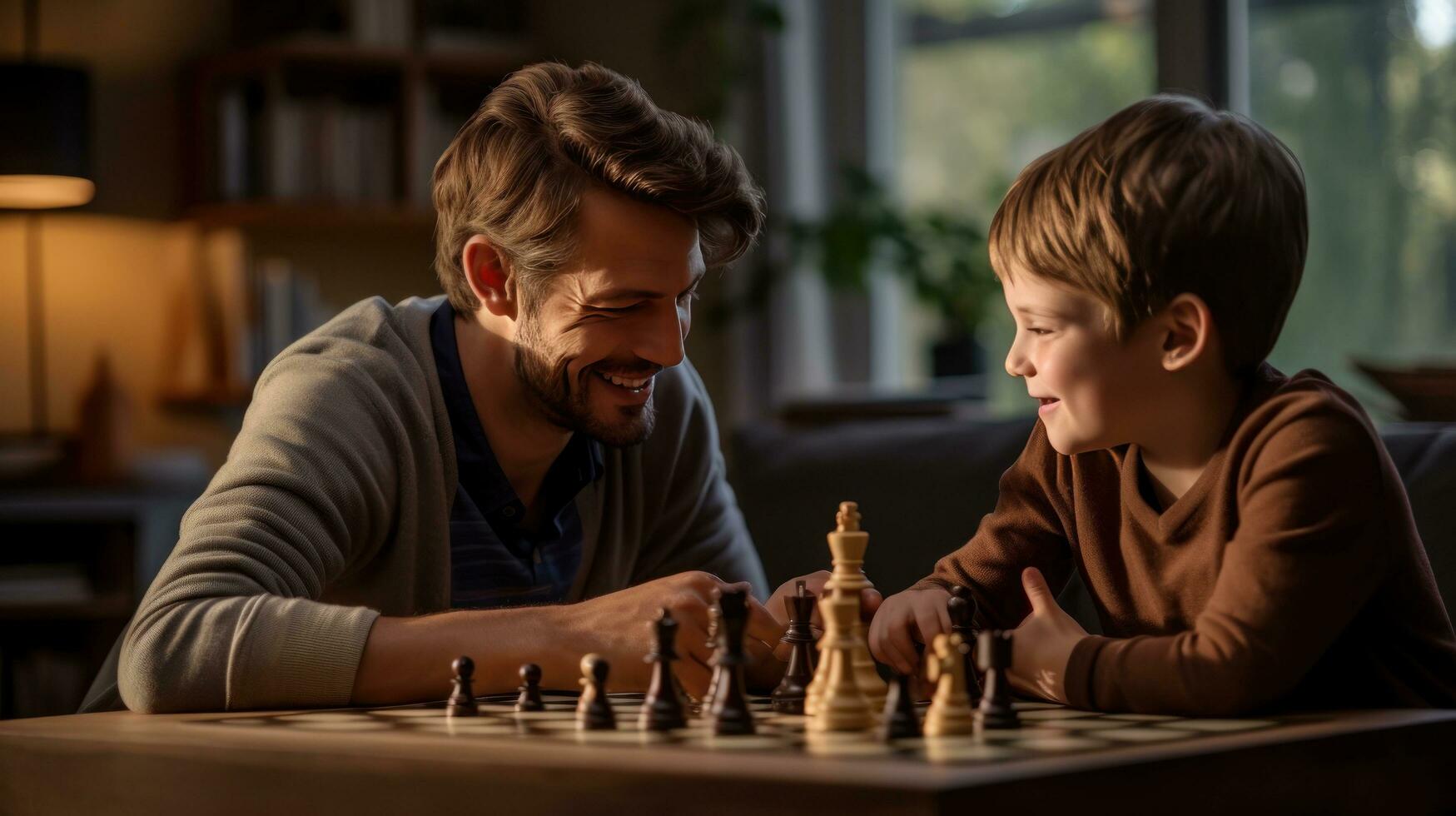 pappa och barn spelar schack foto