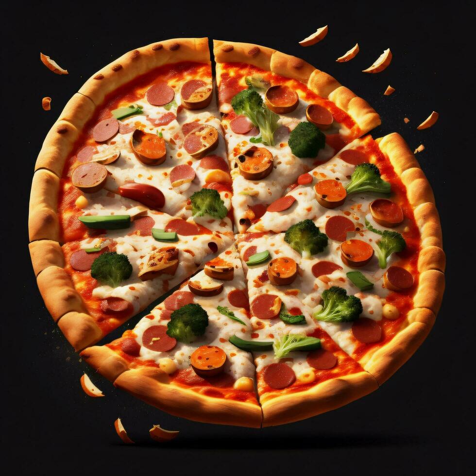 3d realistisk flygande pizza begrepp med svart bakgrund generativ ai foto
