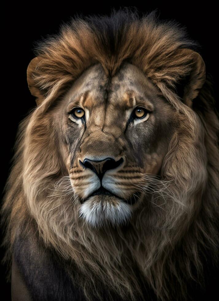 fri tiger eller lejon porträtt mörk bakgrund. ai genererad foto