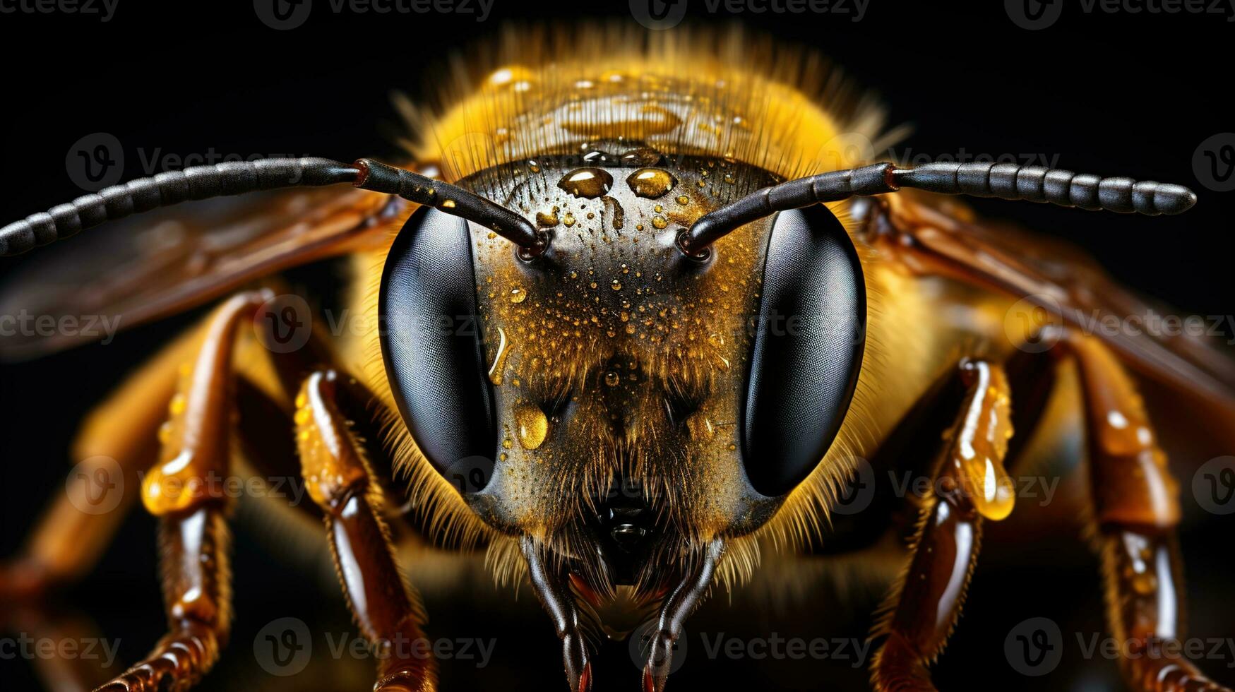 närbild av en biets ögon - slående svart öga och vibrerande orange kropp på en fängslande svart bakgrund, fångande naturens skönhet foto