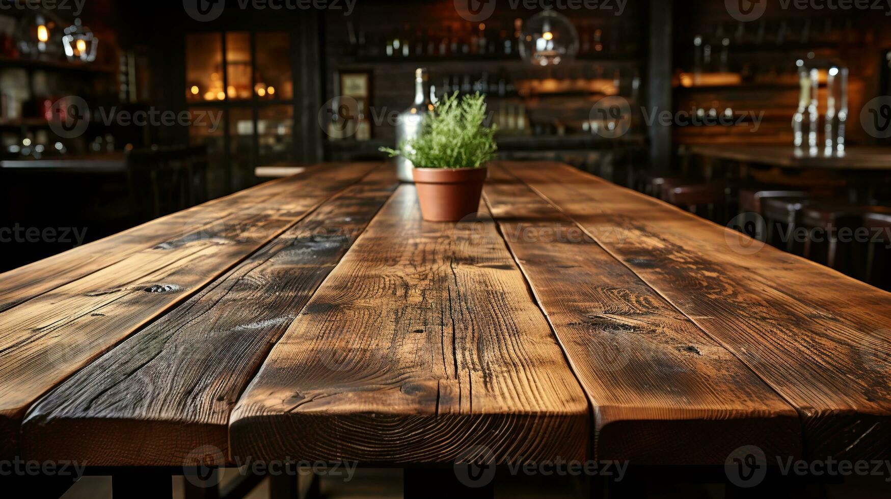 en främre se av en mörk rustik brun, tömma trä- tabell för produkt placering med suddigt bakgrund, tjänande som en tom trä tabell mockup, ai generativ foto