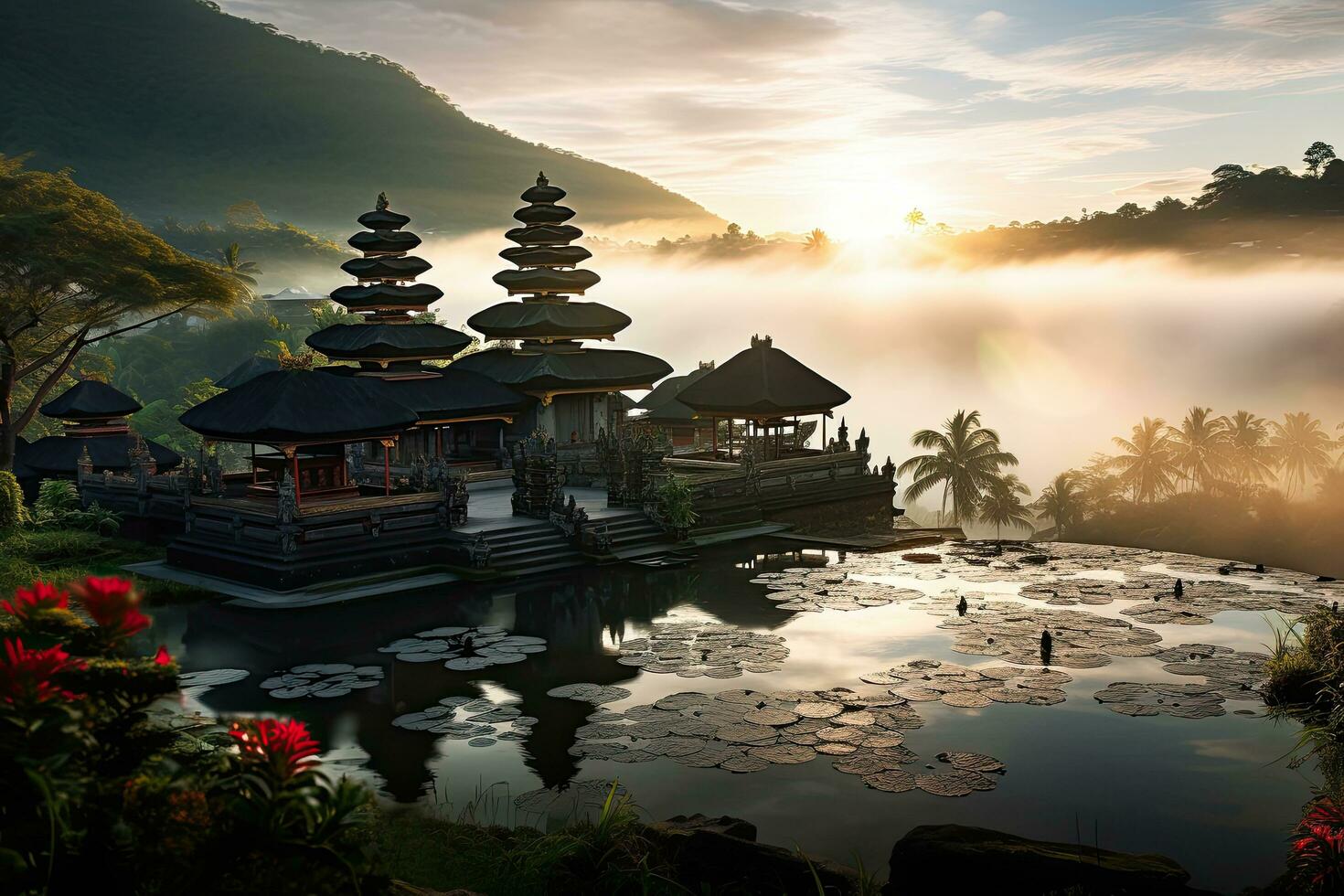 pura ulun danu bratan tempel i bali, Indonesien, en skön se av ulun danu batur tempel i bali, Indonesien, ai genererad foto