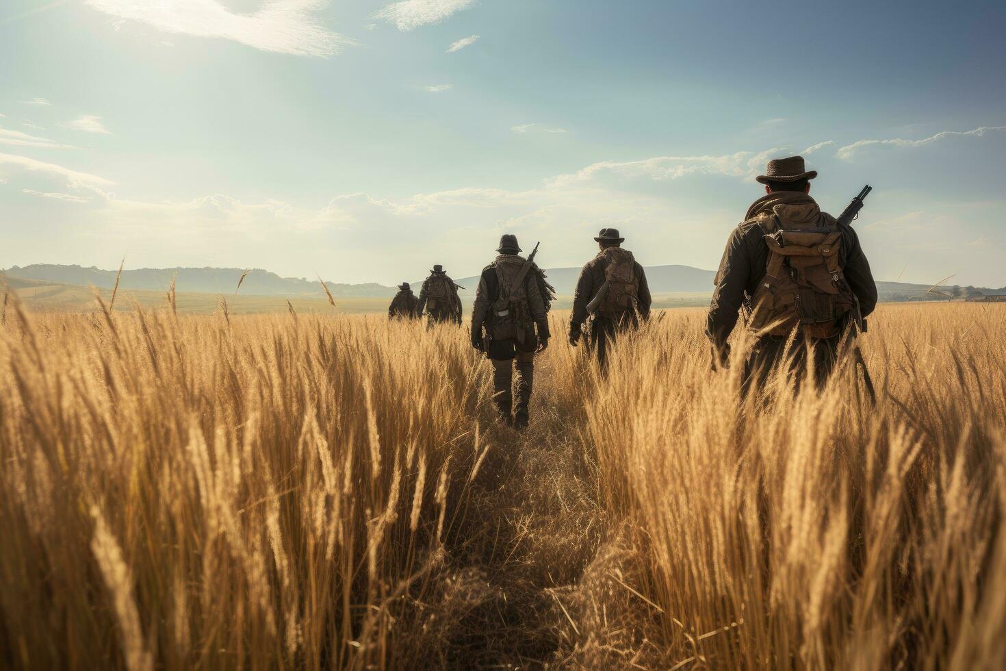 medlemmar av röd stjärna historia klubb ha på sig historisk tysk uniformer under historisk återskapande av andra världskriget i Chernigow, Ukraina, en ranger team gående genom en vete fält, ai genererad foto