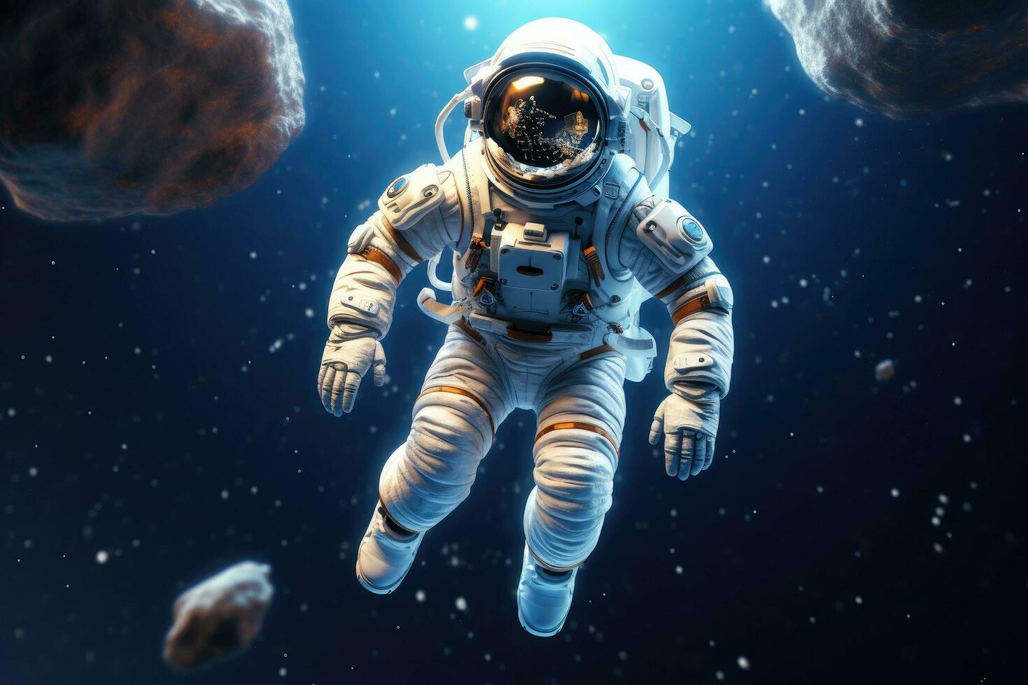 astronaut i yttre Plats. vetenskap fiktion. 3d tolkning, 3d framställa spaceman astronaut flygande med raket 3d illustration design, ai genererad foto