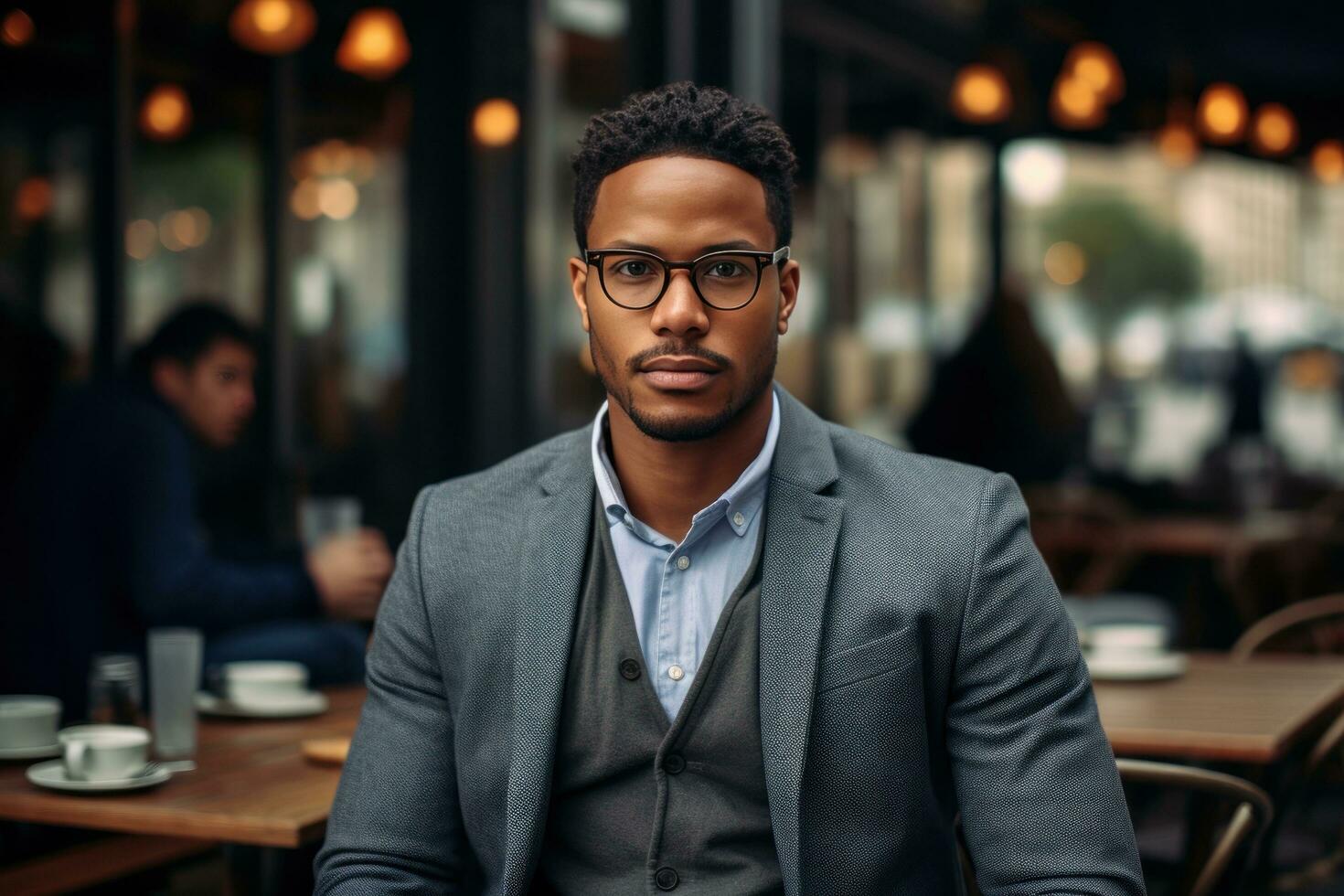 Afroamerikan affärsman med glasögon i en gata bakgrund foto
