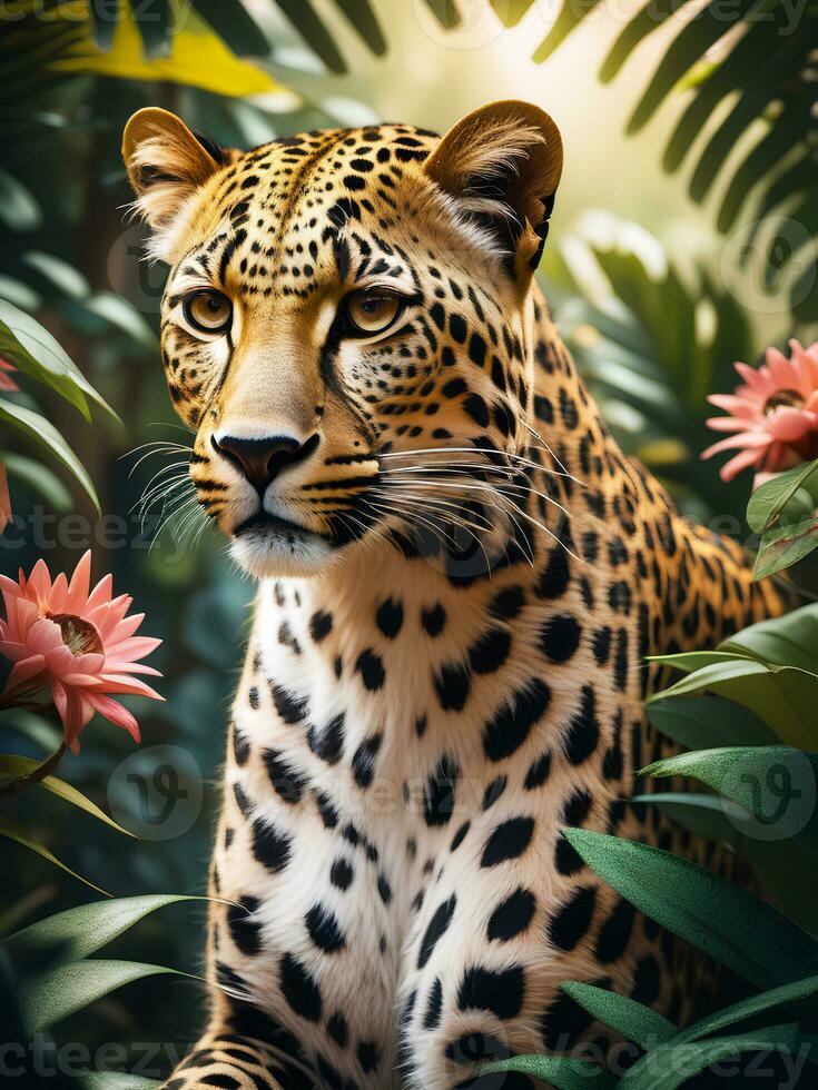 fotografi porträtt av leopard i frodig djungel med blommor, generativ ai foto