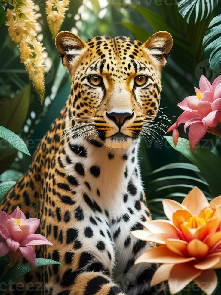 fotografi porträtt av leopard i frodig djungel med blommor, generativ ai foto