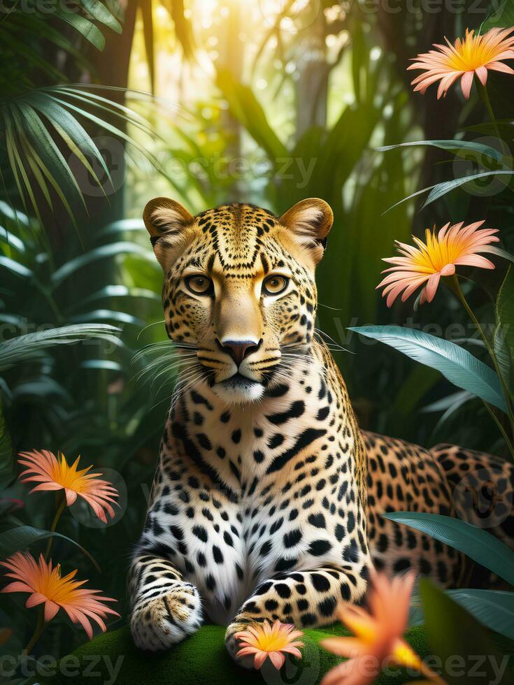 fotografi porträtt av leopard i frodig djungel med blommor, generativ ai foto