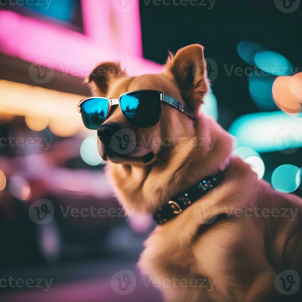 skott av vaporwave mode hund bär solglasögon i miami foto