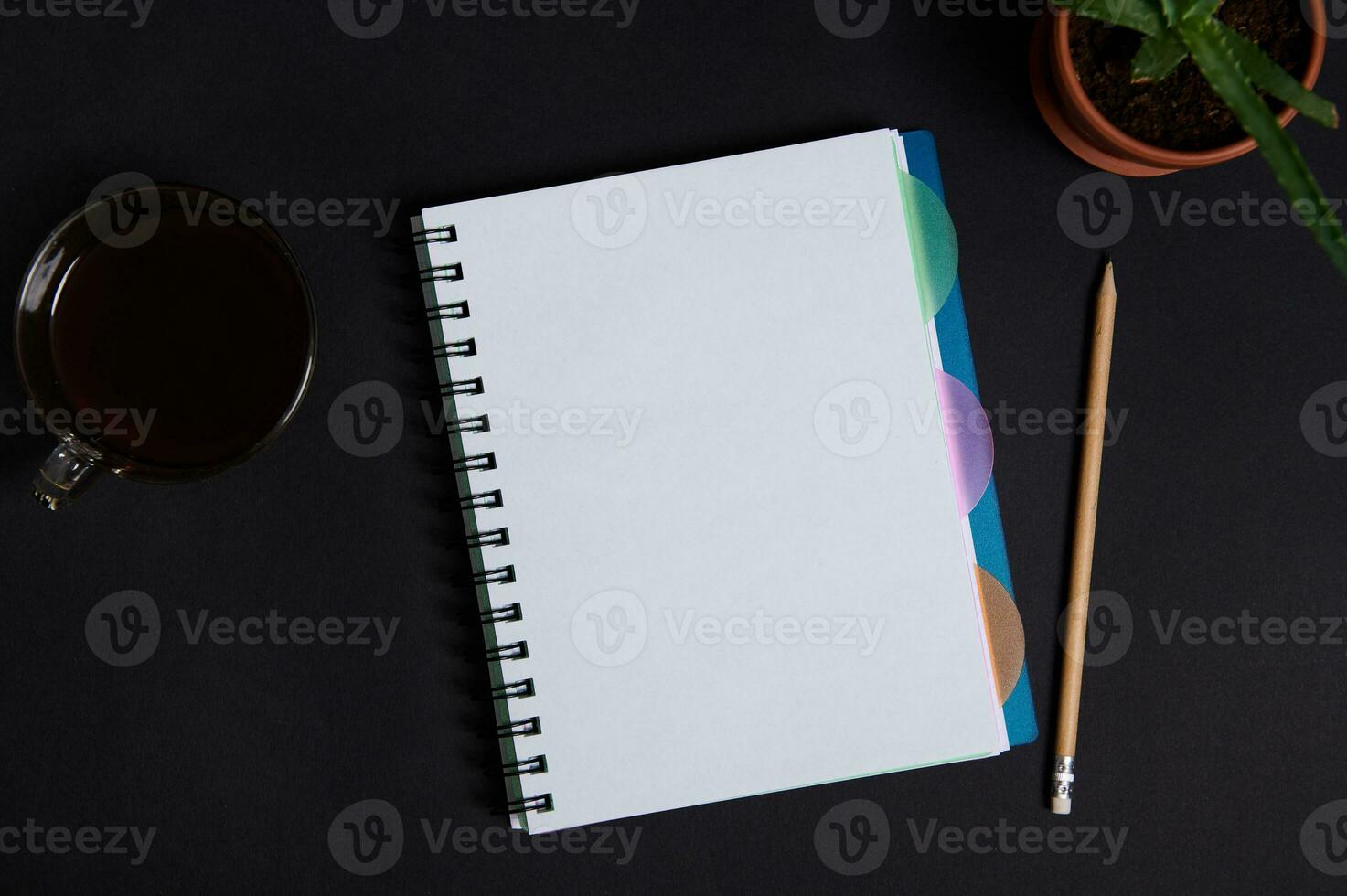 en inlagd saftig i lera pott, kopp av kaffe och trä- penna liggande ner Nästa till en copybook, anteckningsblock, arrangör med vit tom ark med Plats för text, på svart tabell bakgrund. platt lägga foto
