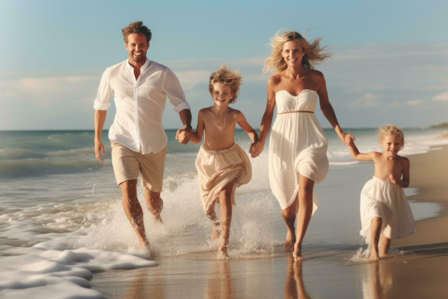 lycklig familj på stranden foto