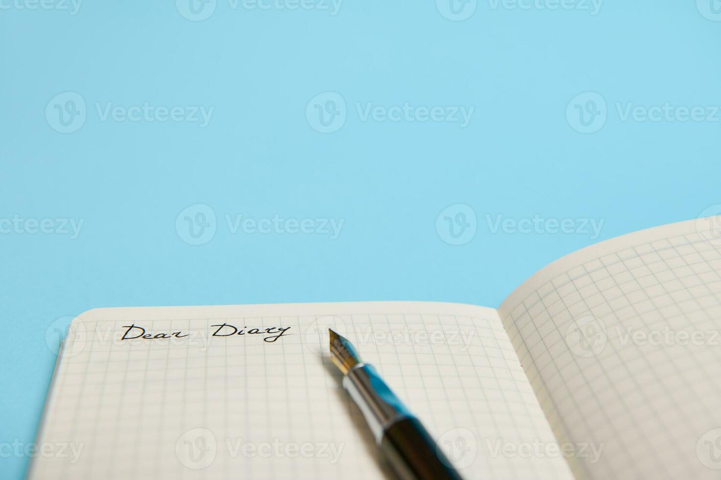 beskurna studio skott av ett öppen anteckningsbok, arrangör, dagbok med ord Kära dagbok och ett bläck penna isolerat på blå bakgrund med kopia Plats för text foto