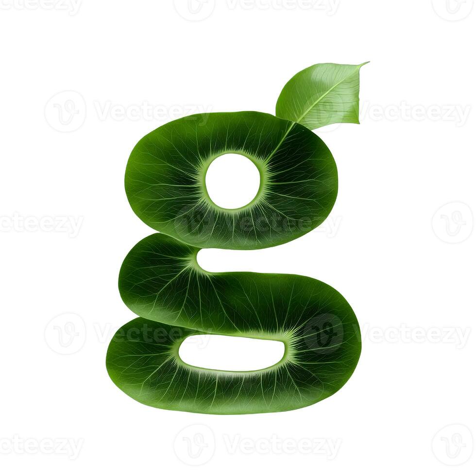 grön blad typografi text design små bokstäver alfabet g, ai generativ foto