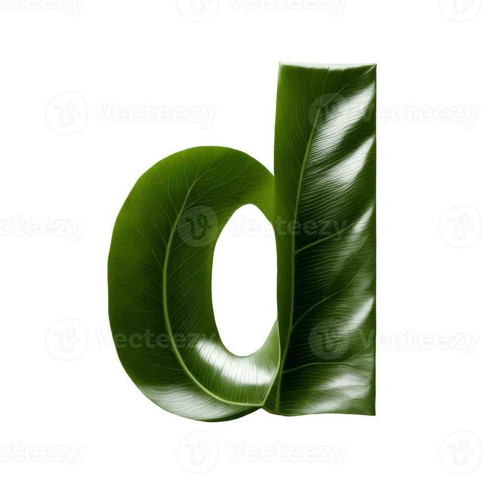 grön blad typografi text design små bokstäver alfabet d, ai generativ foto
