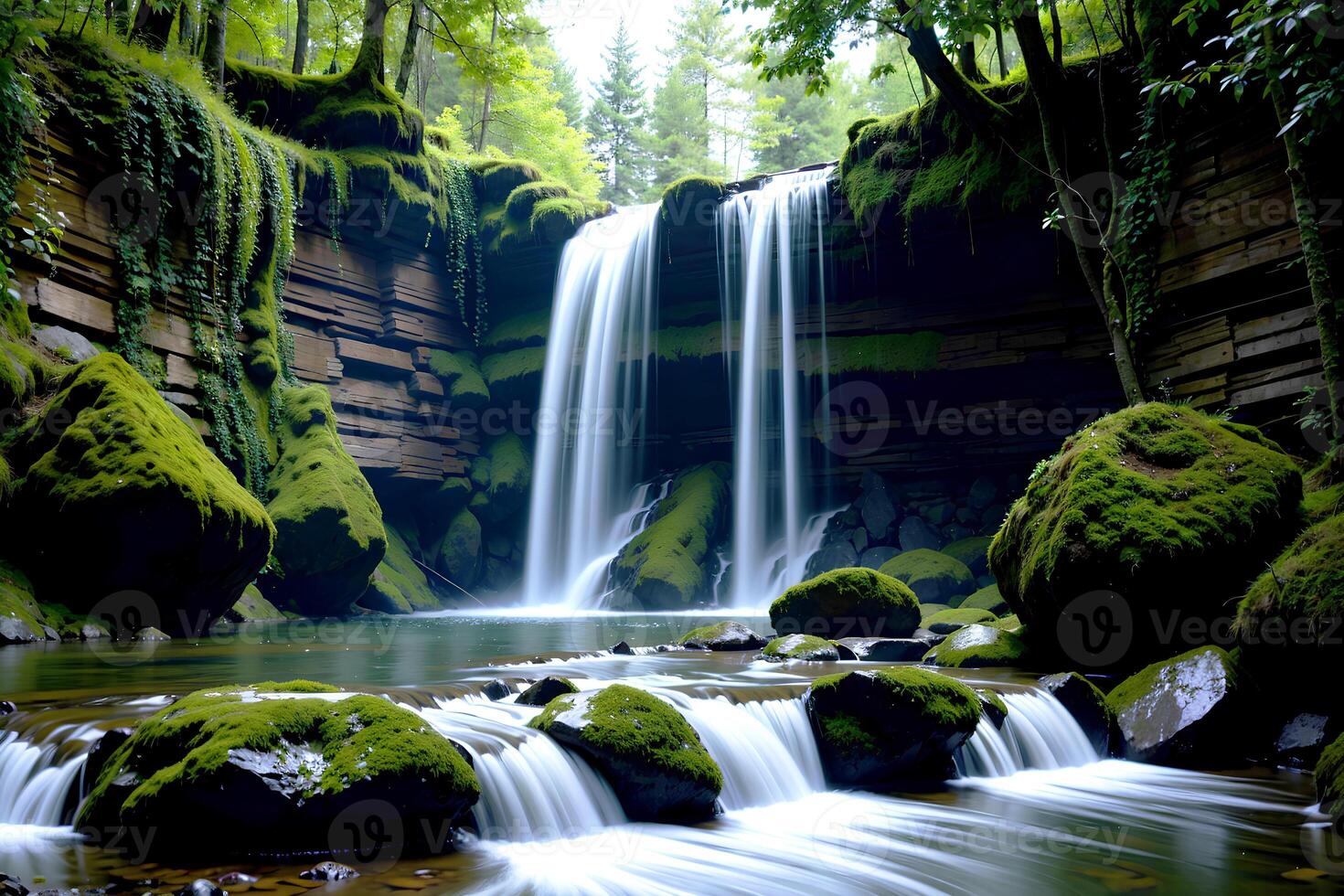 realistisk Foto skön landskap av vattenfall i de skog