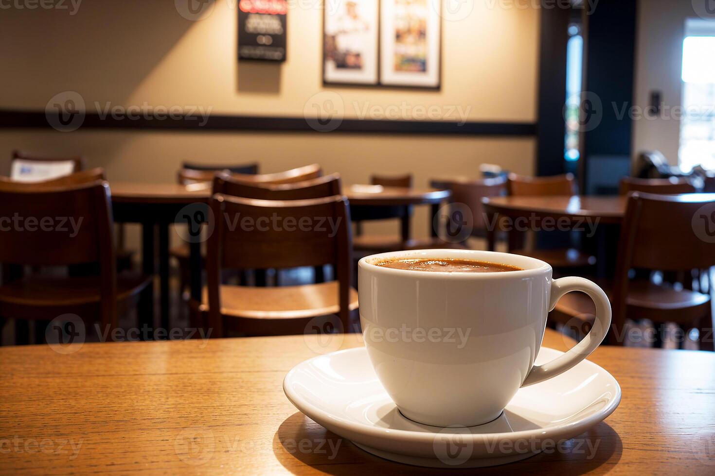 realistisk Foto av en kaffe kopp på trä tabell i en kaffe affär med mysigt atmosfär, ai generativ