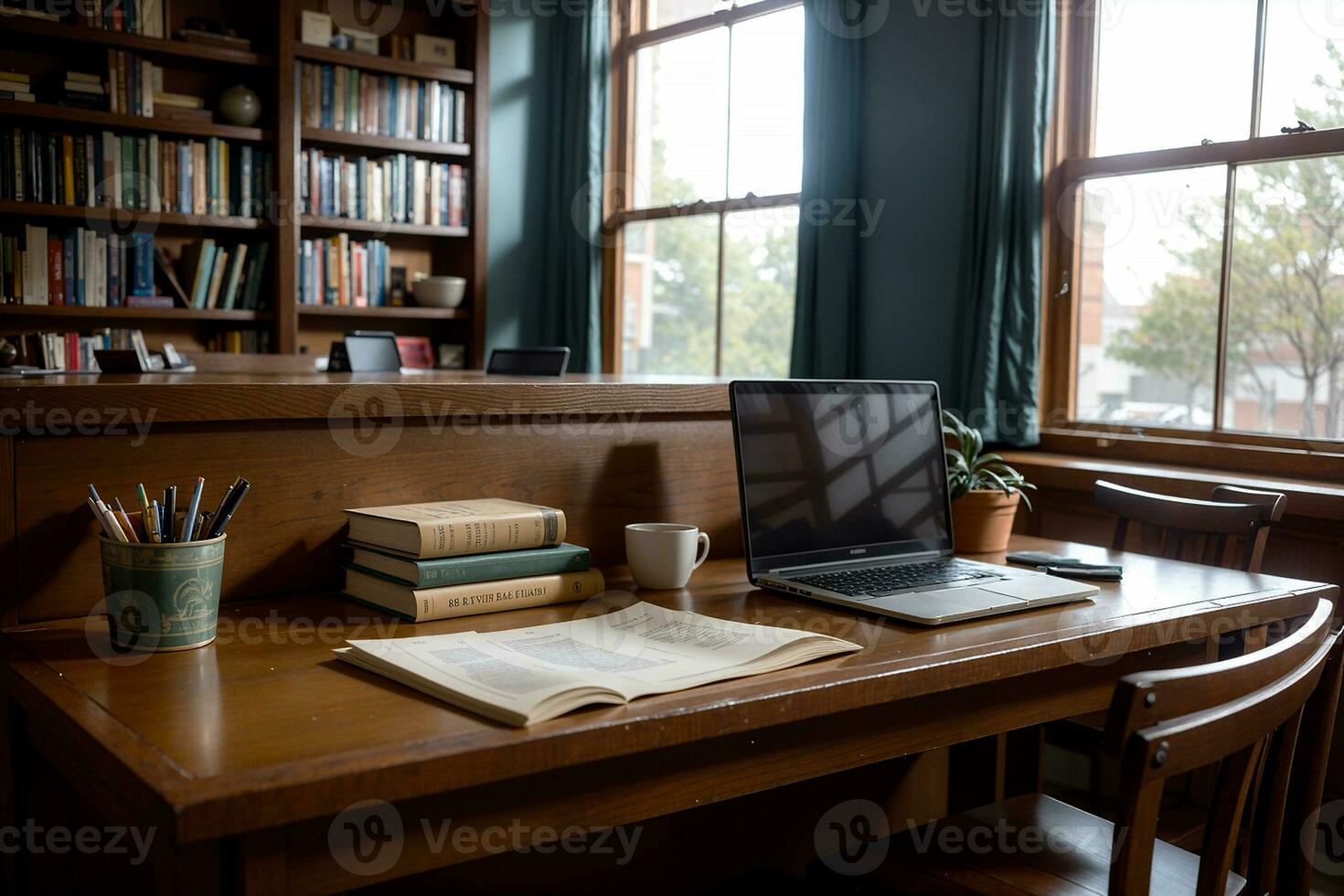realistisk Foto av bok och bärbar dator på trä skrivbord i en bibliotek studie rum med mysigt atmosfär, ai generativ