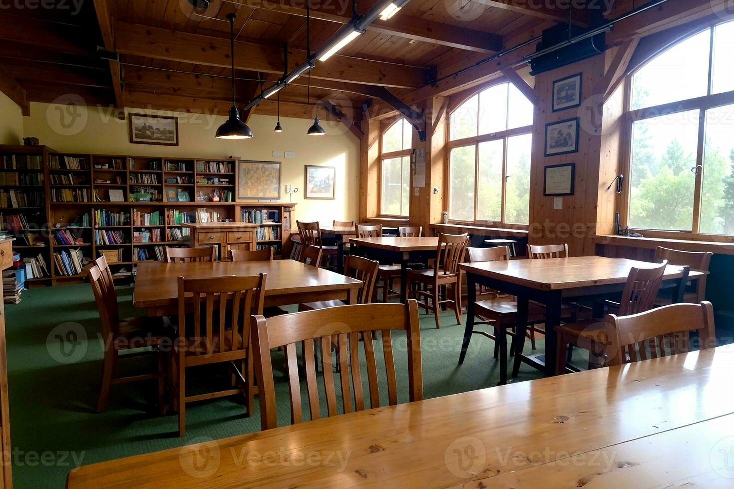 realistisk Foto interiör av trä tabell stolar med ljus fönster lätt bibliotek studie rum, ai generativ