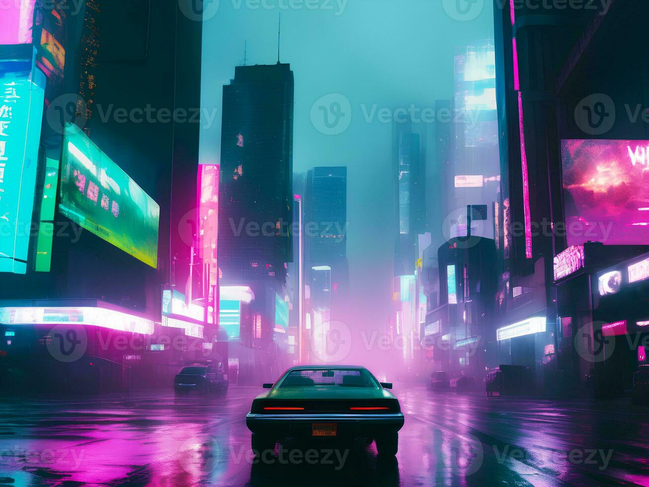 landskap illustration av neon vaporwave cyberpunk stad gata och bil, ai generativ foto