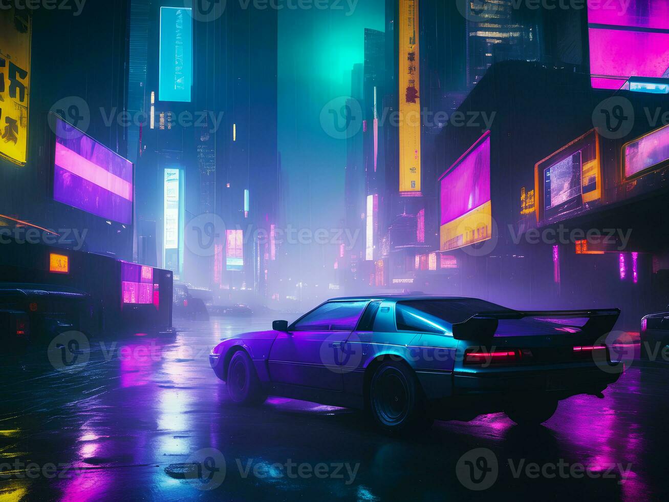 landskap illustration av neon vaporwave cyberpunk stad gata och bil, ai generativ foto