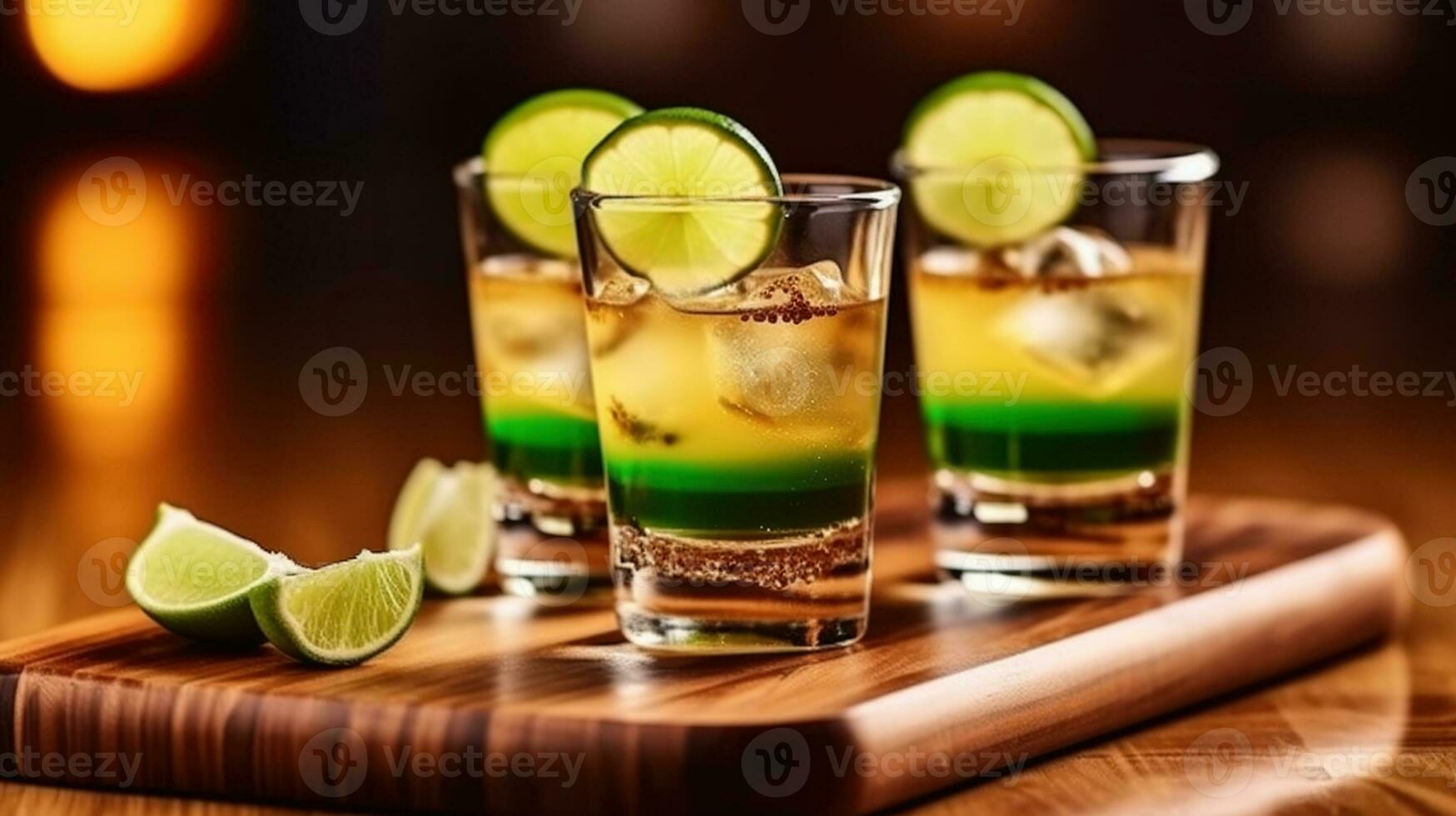 hög glasögon med cocktail grön mexikansk uppsättning på trä- styrelse och bar tabell för alkoholhaltig fest. dekorerad is kuber, kaffe böna och skivad kalk. generativ ai foto
