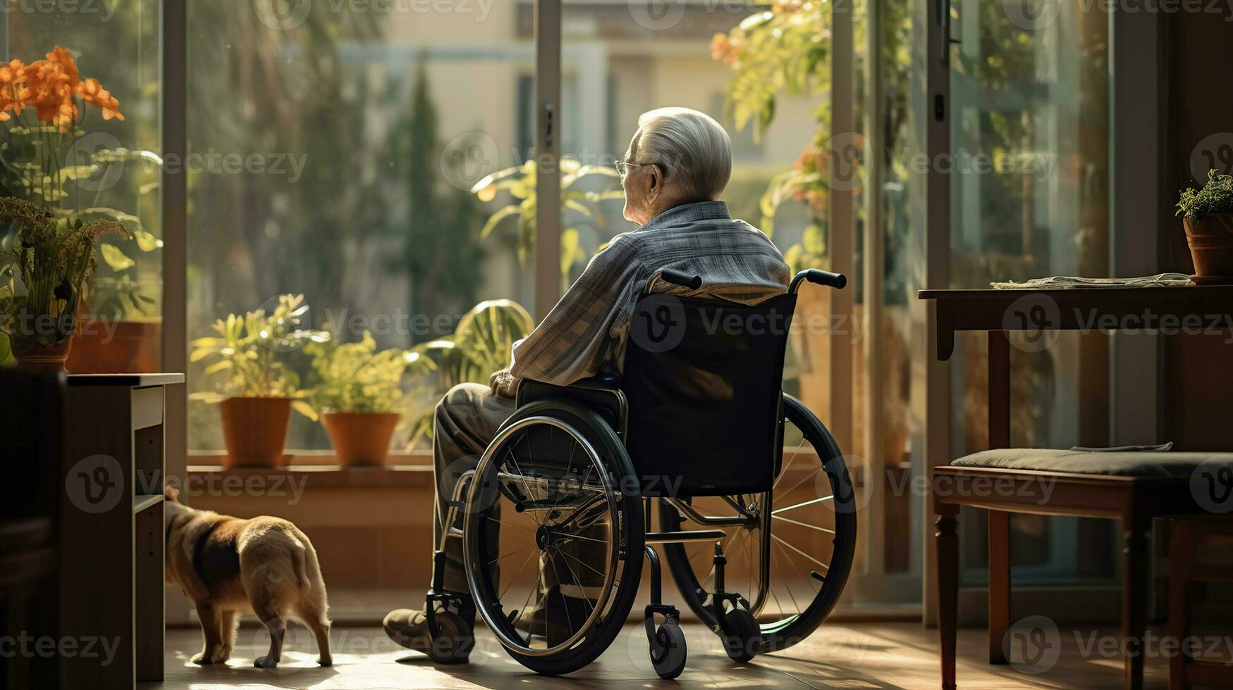 bak- se ensam äldre senior man i en rullstol med hans hund i amning Hem ser ut de fönster. generativ ai foto