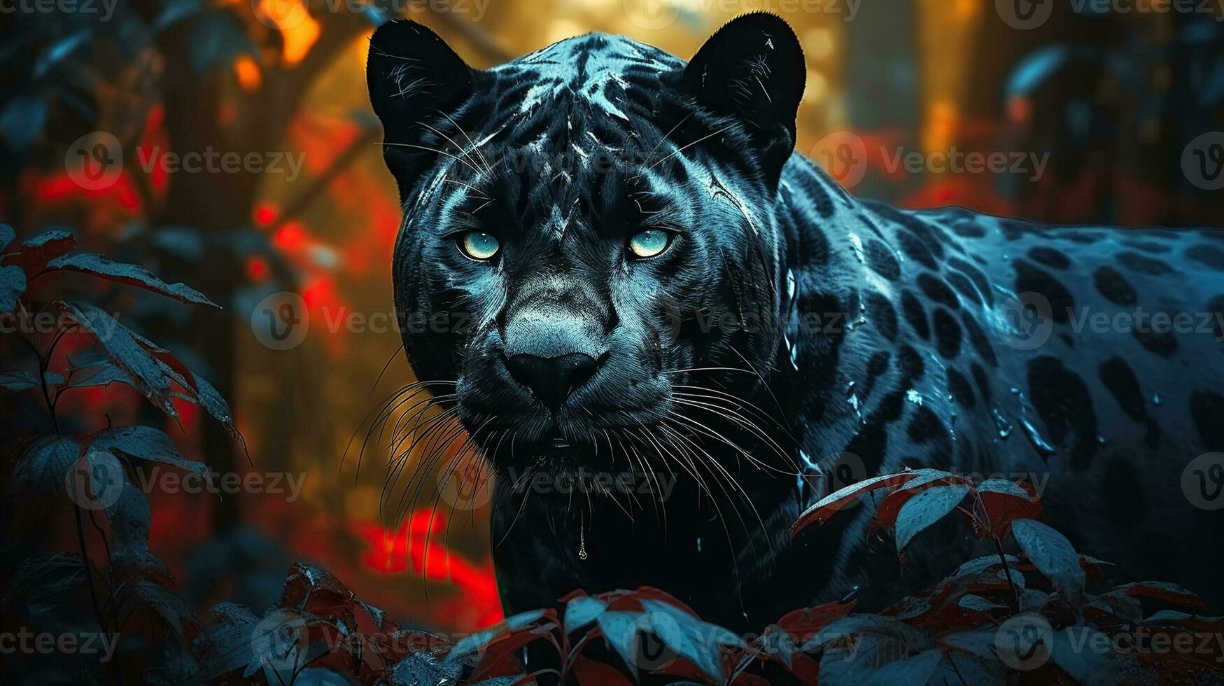 en svart panterns jaga i de djungel mörker. generativ ai foto