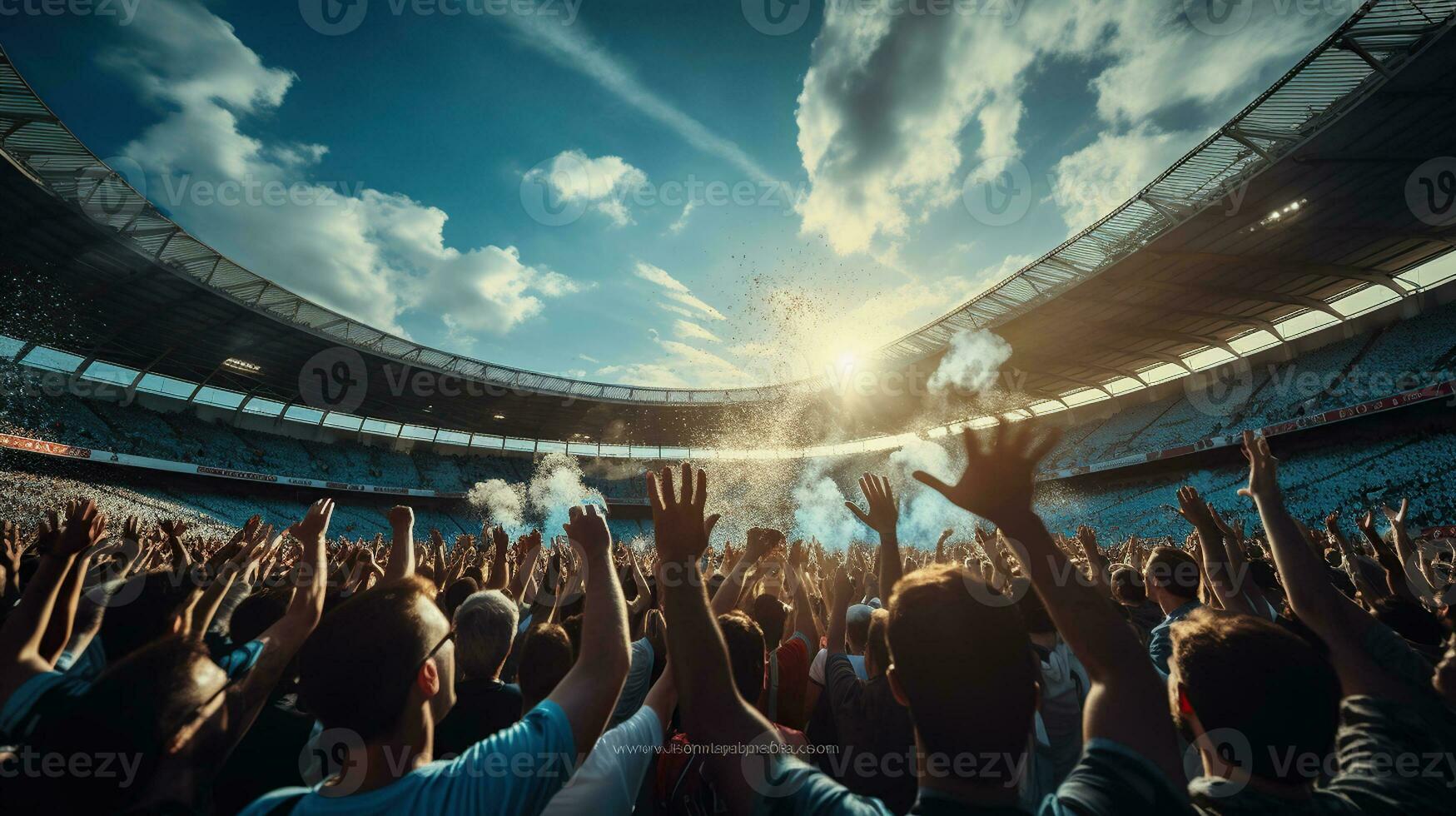 fotboll fläktar visa händer firande på stor stadion under fotboll spel med blå himmel, generativ ai foto