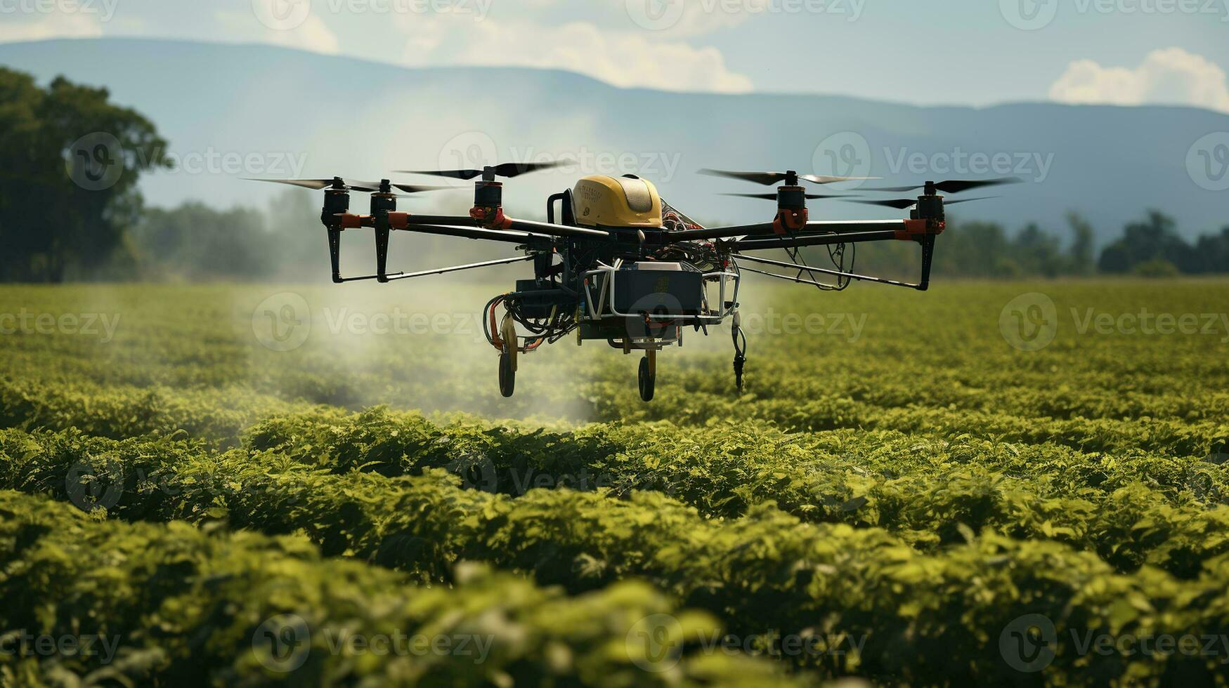 jordbrukare tekniker avlägset flyga jordbruks drönare till flyga till spray gödselmedel i fält. generativ ai foto