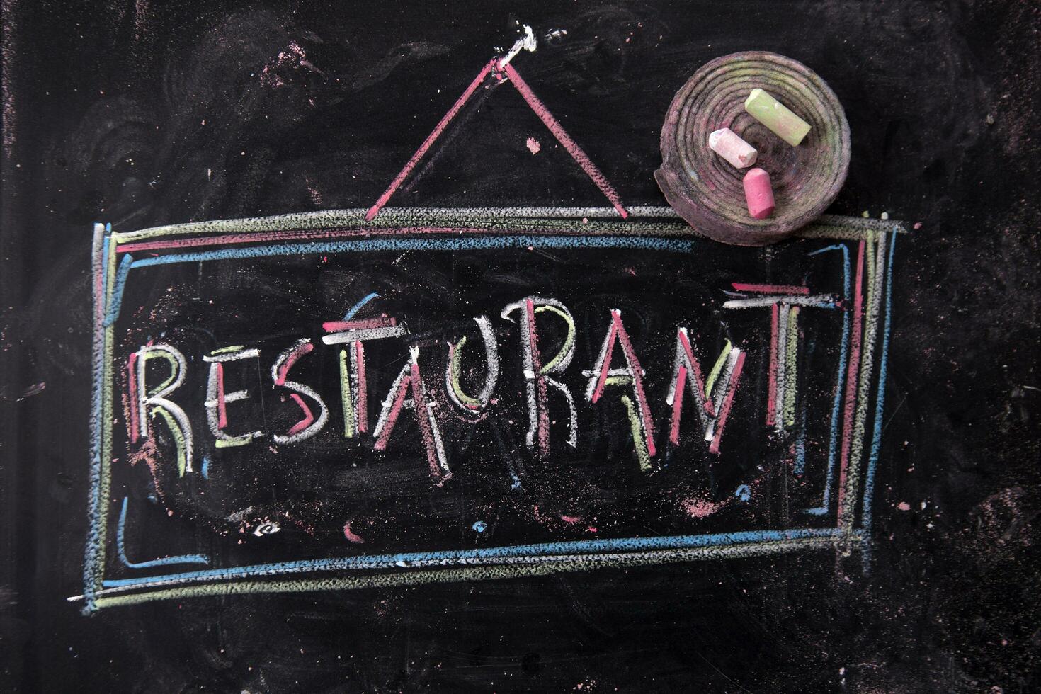 en svarta tavlan med de ord restaurang skriven på den foto
