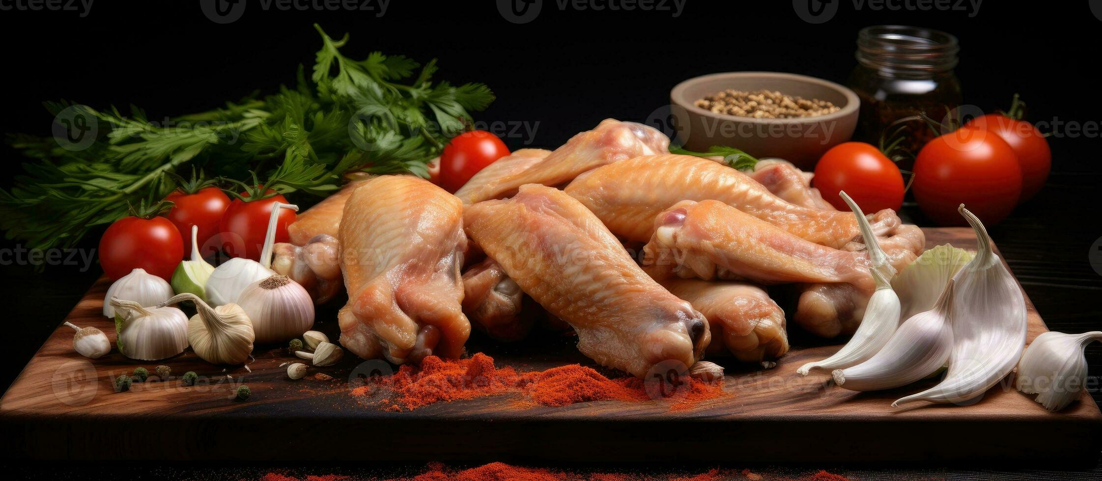 okokt kyckling vingar visas på en trä- styrelse längs med grönsaker och kryddor på en svart foto