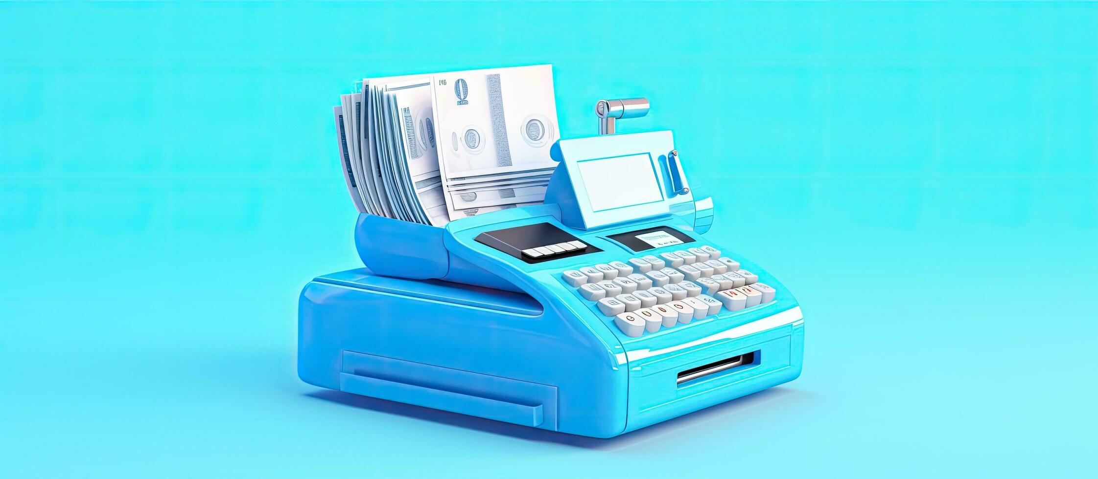 blå bakgrund, terminal kontanter Registrera maskin den där är Begagnade för framställning betalningar. den inkluderar foto